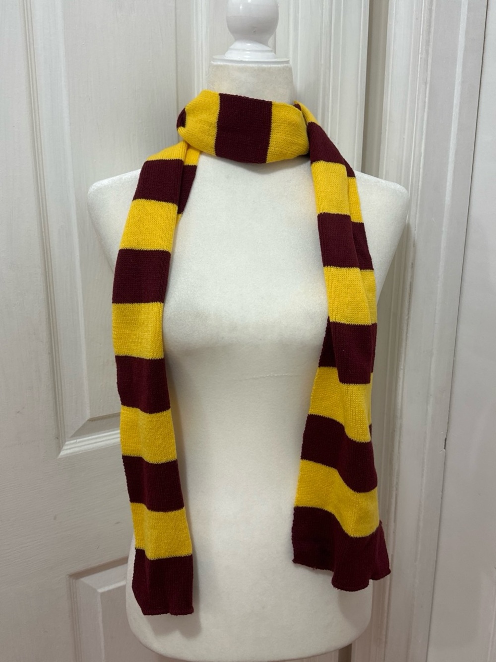 simple yellow and maroon striped scarf